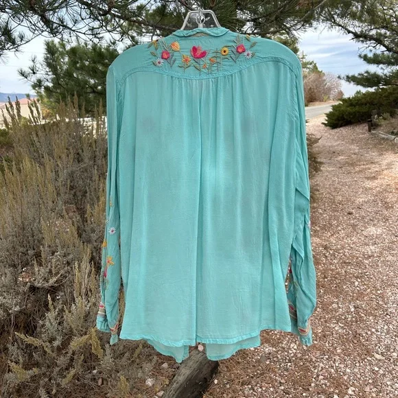 Johnny Was Turquoise Blouse with Multicolor Floral Embroidery - Picture 2 of 5